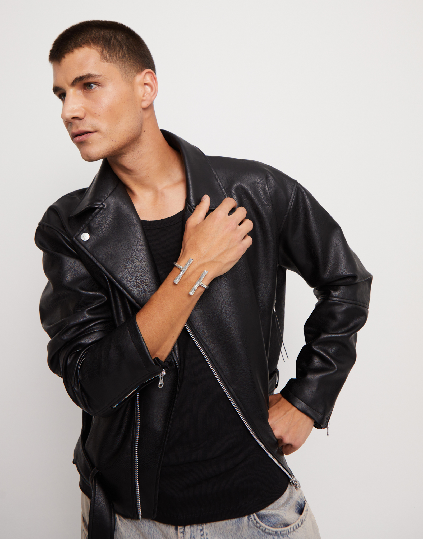 Bangle bracelet with two long tubes, Silver, large thumbnail